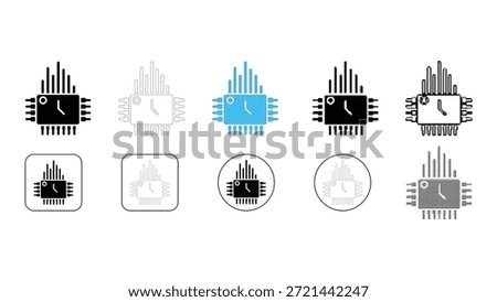 Collection of ten different icon variations featuring a central processing unit (CPU) integrated with a clock face or time indicator, presented in various visual styles including solid fill, outline,