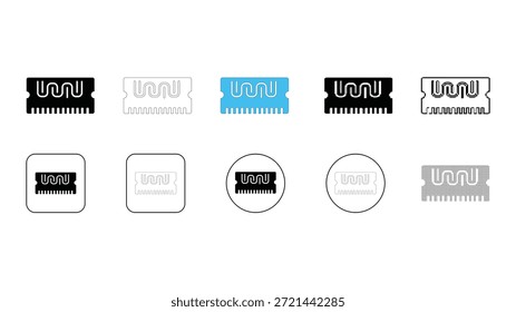 Una colección de diez íconos diferentes que representan módulos de memoria RAM. Los estilos incluyen negro relleno, contorno, azul coloreado y variaciones circulares, adecuados para diseños relacionados con la tecnología y la computación.