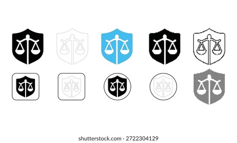 Colección de diez íconos diferentes que representan las escalas de la justicia, a menudo asociados con la ley y la justicia. Los íconos presentan las escalas dentro de varias Formas de escudo, presentadas en negro sólido, outli