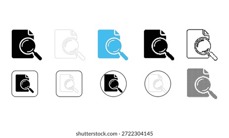 Una colección de diez íconos diferentes que representan la funcionalidad de búsqueda de documentos. Estos iconos cuentan con una lupa sobre un pedazo de papel, presentado en múltiples estilos de diseño, incluyendo negro sólido,