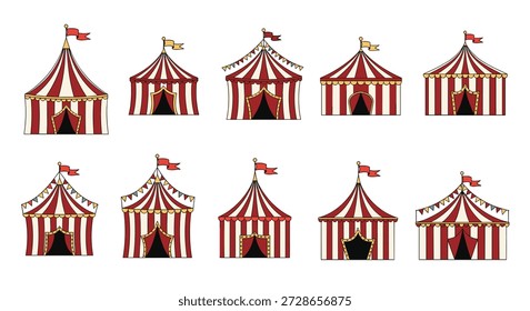 Colección de diez diferentes carpas de circo a rayas rojas y blancas con varias decoraciones de banderas, banderas y entradas.