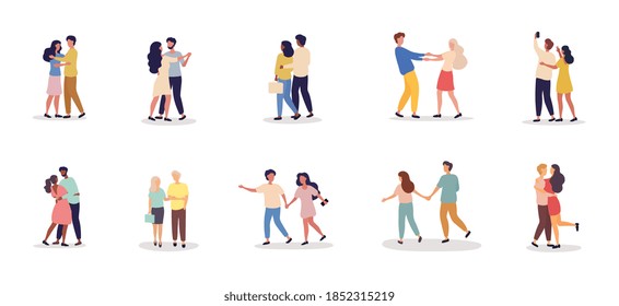 Collection of ten different romantic couples on a date holding hands, dancing, kissing, embracing and taking a selfie on white, colored flat cartoon vector illustration with fictional characters