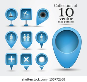 Collection of ten different shaped map pointers for navigational purposes or marking points of interests
