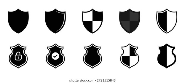 Colección de diez siluetas de escudo diferentes dispuestas en dos filas de manera uniforme. Icono de marca de verificación de escudo o icono de protección de escudo de seguridad con símbolo de marca. Ilustración vectorial. EPS 10