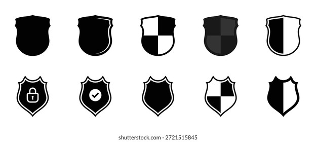 Colección de diez siluetas de escudo diferentes dispuestas en dos filas de manera uniforme. Icono de marca de verificación de escudo o icono de protección de escudo de seguridad con símbolo de marca. Ilustración vectorial. EPS 10
