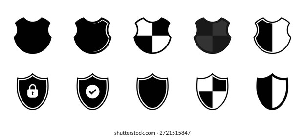 Colección de diez siluetas de escudo diferentes dispuestas en dos filas de manera uniforme. Icono de marca de verificación de escudo o icono de protección de escudo de seguridad con símbolo de marca. Ilustración vectorial. EPS 10