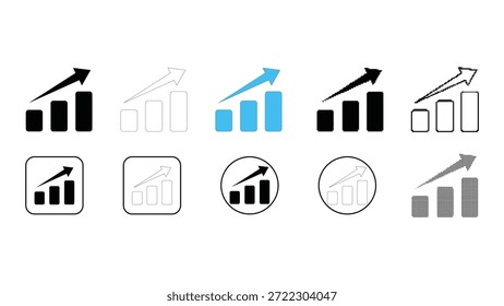 Coleção de dez estilos diferentes de ícones de gráfico de barras que representam o crescimento da empresa e tendências ascendentes, incluindo versões sólidas, contorno, coloridas e emolduradas para uso versátil em mídia digital e impressa