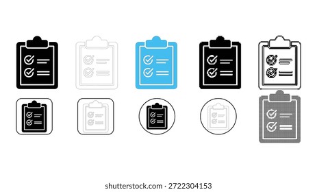 Uma coleção de dez estilos diferentes de ícones da área de transferência com uma lista de verificação com marcas de verificação. Os estilos incluem preto sólido, preenchimento azul, contorno, circular e variações quadradas, representando os conceitos li