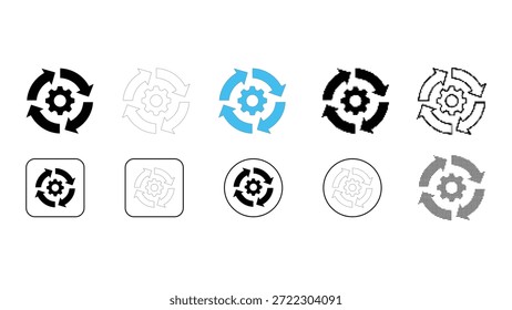 Uma coleção de dez estilos diferentes de ícones com um símbolo de engrenagem central delimitado por uma seta circular, simbolizando conceitos como processo contínuo, iteração, atualização ou ciclo de desenvolvimento. Estilo