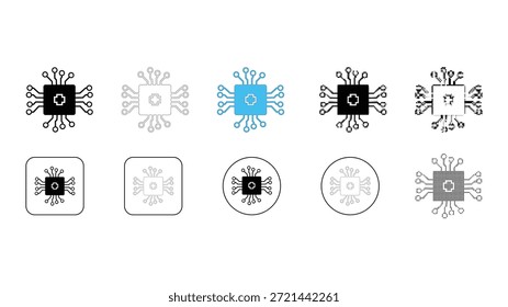 Colección de diez estilos diferentes de iconos de microchip o CPU, incluidos negro sólido, contorno, azul de color y variaciones dentro de Formas cuadradas y circulares. Ideal para tecnología, computación y elección
