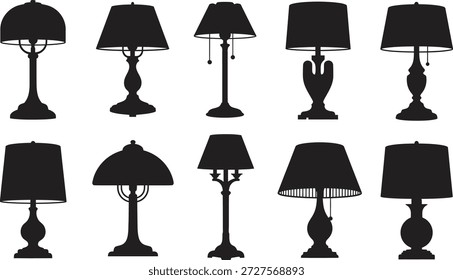 Una colección de diez siluetas diferentes de lámpara de mesa dispuestas en dos filas sobre un fondo blanco liso.