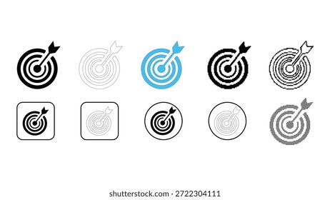Uma coleção de dez ícones diferentes de destino e seta exibidos sobre um fundo branco. Os ícones apresentam vários estilos, incluindo preto sólido, contorno, preenchimento azul e texturas pontilhadas, representando