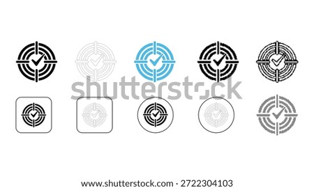 Collection of ten different target icons featuring a check mark in the center, symbolizing successful goal completion or accurate hitting of a mark. Includes various styles like solid, outline, differ