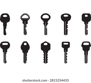 Collection of ten different types of keys in black silhouette style