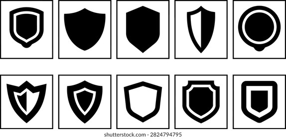 A collection of ten distinct black shield icons arranged in a grid, serving as essential UIUX and web essentials graphic elements for security, protection, and digital interface design projects.