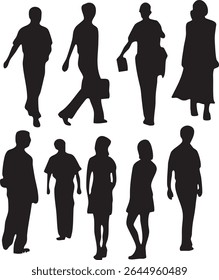 A collection of ten distinct black silhouettes depicting individuals in various walking poses and attire against a white background. 