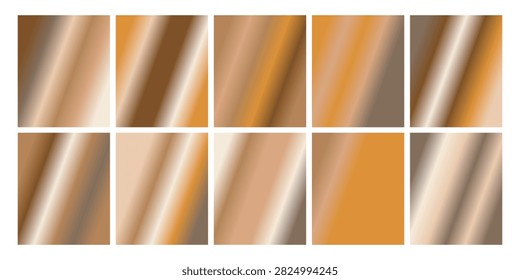 A collection of ten distinct bronze and copper metallic gradient swatches, ideal for use as backgrounds, textures, or design elements in various creative projects.