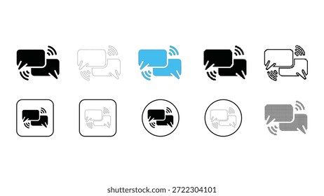 Uma coleção de dez ícones distintos de comunicação ou bate-papo exibidos em diferentes estilos visuais, incluindo preto preenchido, azul, contorno e formatos circulares. Cada ícone representa dois balões de fala sobrepostos
