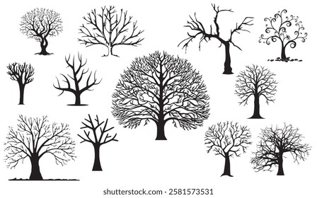 Collection of Ten Diverse Bare Tree Silhouettes: Stylized Winter Branches for Design Projects