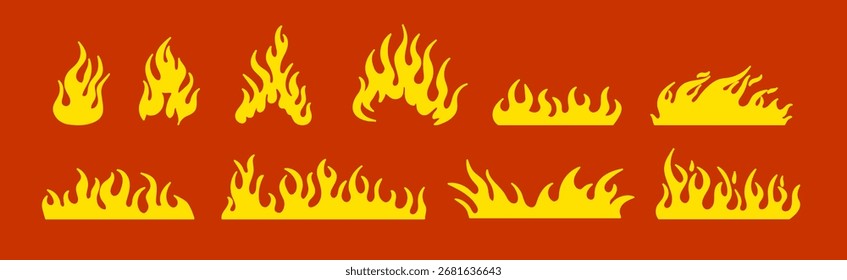 Una colección de diez patrones de fuego diversos en amarillo sobre un fondo rojo audaz, perfecto para diseños artísticos.