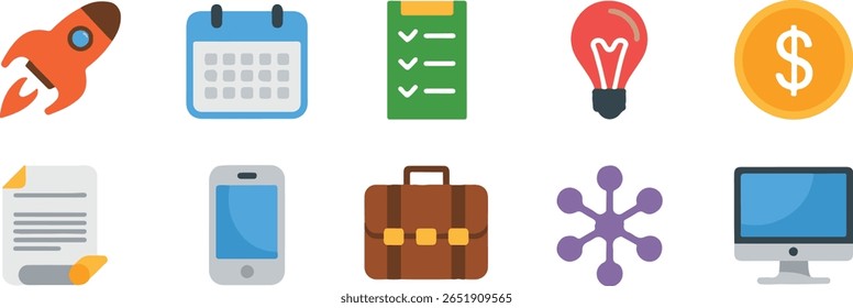 Uma coleção de dez ícones de design plano, incluindo um foguete, calendário, lista de verificação, lâmpada, moeda, documento, smartphone, pasta, molécula e computador.