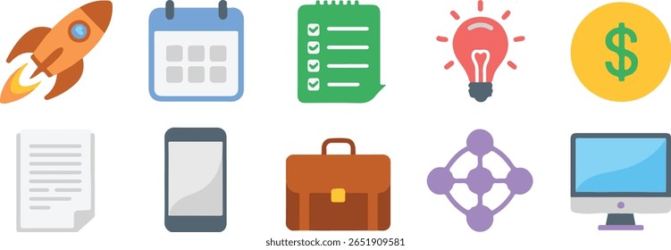 Uma coleção de dez ícones de design plano, incluindo um foguete, calendário, lista de verificação, lâmpada, moeda de dólar, documento, smartphone, pasta, diagrama de rede e monitor de computador.