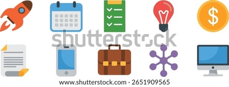 A collection of ten flat design icons including a rocket, calendar, checklist, lightbulb, coin, document, smartphone, briefcase, molecule, and computer.