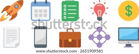 A collection of ten flat design icons including a rocket, calendar, checklist, lightbulb, dollar coin, document, smartphone, briefcase, network diagram, and computer monitor.