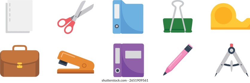 Uma coleção de dez materiais de escritório de design plano, incluindo papéis, tesouras, fichários, um clipe de fichário, dispensador de fita, pasta, grampeador, notebook, lápis e bússola.