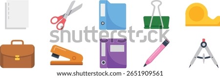A collection of ten flat design office supplies including papers, scissors, binders, a binder clip, tape dispenser, briefcase, stapler, notebook, pencil, and compass.