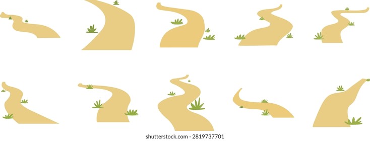 A collection of ten flat vector illustrations featuring winding sandy paths and trails with small green grass tufts on a white background.