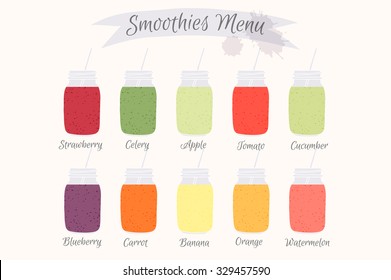 Collection of ten fruit smoothies. Hand drawn menu element for cafe or restaurant with drink. Fresh juice for healthy life.