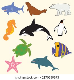 Collection of ten funny cartoon marine animals Clip art (Shark, orca, Dolphin, Sea horse, Polar Bear, sea turtle, crab and fishes), 