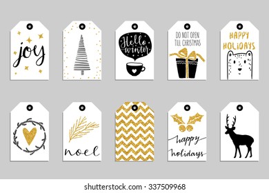 Collection of ten gold texture Christmas and New Year cute ready-to-use gift tags. Set of 10 printable hand drawn holiday label in black white and gold. Vector seasonal badge design
