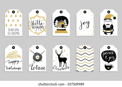 Collection Of Ten Gold Texture Christmas And New Year Cute Ready-to-use Gift Tags. Set Of 10 Printable Hand Drawn Holiday Label In Black White And Gold. Vector Seasonal Badge Design