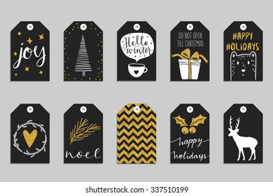 Collection of ten gold texture Christmas and New Year cute ready-to-use gift tags. Set of 10 printable hand drawn holiday label in black white and gold. Vector seasonal badge design