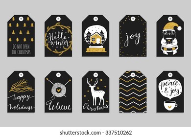 Collection of ten gold texture Christmas and New Year cute ready-to-use gift tags. Set of 10 printable hand drawn holiday label in black white and gold. Vector seasonal badge design