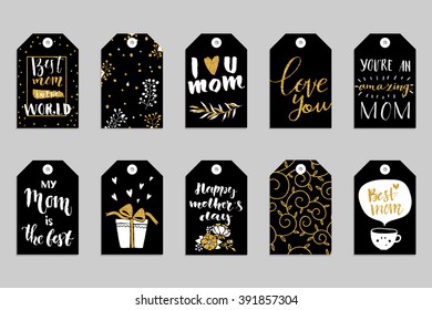 Collection of ten gold texture Happy Mother's day cute ready-to-use gift tags. Set of 10 printable hand drawn holiday label in black white and gold. Vector seasonal badge design