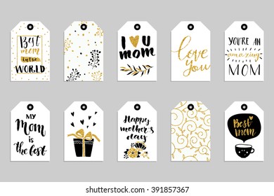 Collection of ten gold texture Happy Mother's day cute ready-to-use gift tags. Set of 10 printable hand drawn holiday label in black white and gold. Vector seasonal badge design