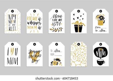 Collection of ten gold texture Happy Mother's day cute ready-to-use gift tags. Set of 10 printable hand drawn holiday label in black white and gold. Vector seasonal badge design - stock vector