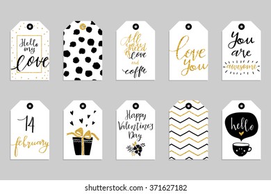 Collection of ten gold texture Valentine day cute ready-to-use gift tags. Set of 10 printable romantic hand drawn holiday label in black white and gold. Vector love badge design