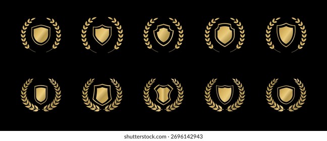 Colección de diez emblemas de escudo dorado con coronas de laurel sobre fondo negro Ilustración vectorial