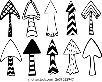 Collection of ten hand drawn arrow illustrations in different styles and patterns pointing upwards in black and white