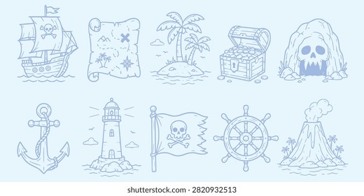 A collection of ten hand-drawn, blue-line on a light blue background. The depict various pirate-themed a sailing ship with a Jolly Roger flag, a rolled treasure map with an 'X' marking a spot, a tropical island with palm trees, an open treasure chest overflowing with gold coins, a cave entrance shaped like a skull, a ship's anchor with a rope, a lighthouse on a rocky outcrop, a tattered pirate flag, a ship's wheel, and a smoking volcano on an island. The style is simple and cartoonish, with...
