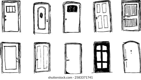A collection of ten hand-drawn doors in various styles and designs, showcasing different shapes, sizes, and textures. The doors are outlined in black with a sketchy appearance