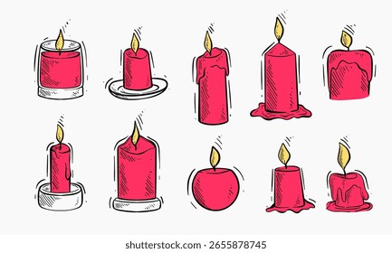 A collection of ten hand-drawn illustrations depicting various styles and sizes of lit candles.