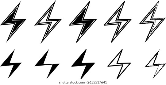 Una colección de diez íconos de rayos dibujados a mano en negro, aislados sobre un fondo blanco limpio, que representan energía y poder.