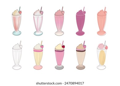 A collection of ten hand-drawn milkshake illustrations, featuring various colors and toppings.