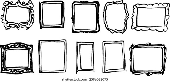 A collection of ten hand-drawn picture frames in various styles and shapes, including ornate, rectangular, and wavy designs, all outlined in black.