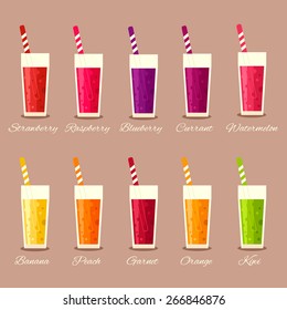 Collection of ten healthy fruit smoothies in flat style. Fresh juice for healthy life. Menu element for cafe or restaurant. 